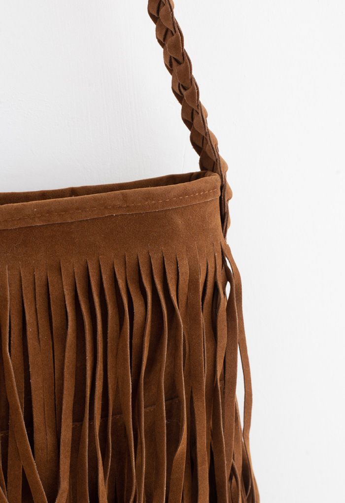 Camel Fringe Knit Strap Shoulder Bag