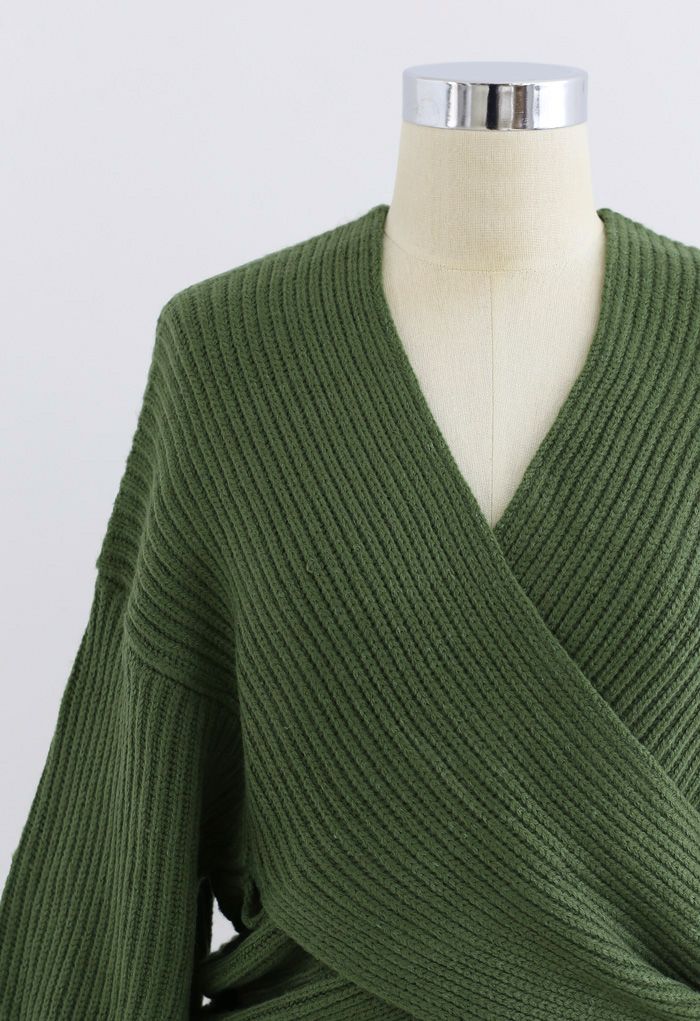 Crisscross Ribbed Knit Crop Sweater in Army Green