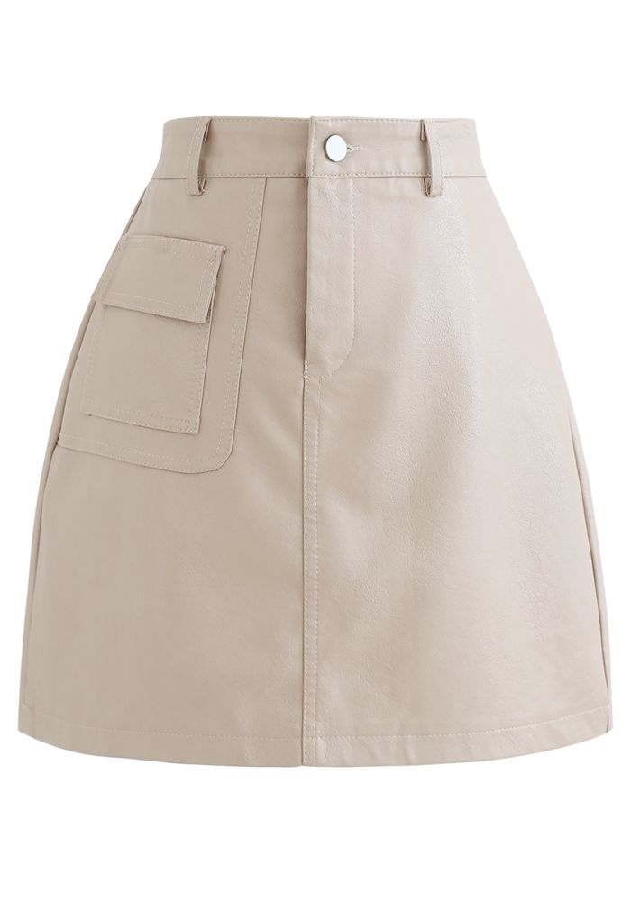 Pocket Faux Leather Texture Skirt in Cream
