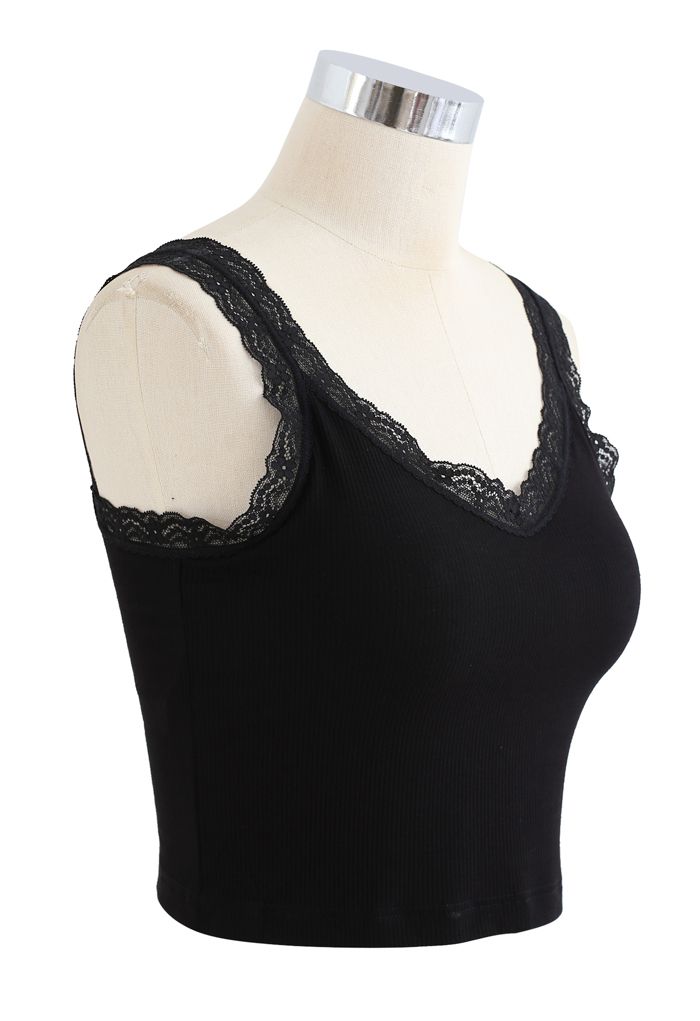 Lace Straps Tank Top in Black
