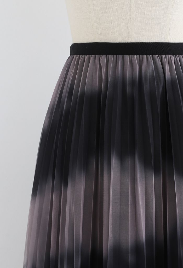 Color-Block Mesh Tulle Pleated Midi Skirt in Dusty Pink