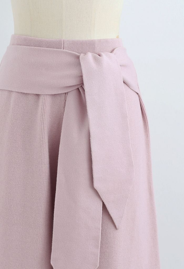 Self-Tie Waist Knit Wide-Leg Pants in Pink