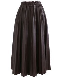 Faux Leather Pleated A-Line Midi Skirt in Brown