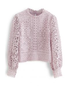 Panelled Full Crochet Sleeves Top in Pink