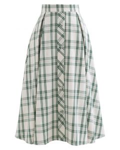 Green Check Button Trim Pleated Skirt